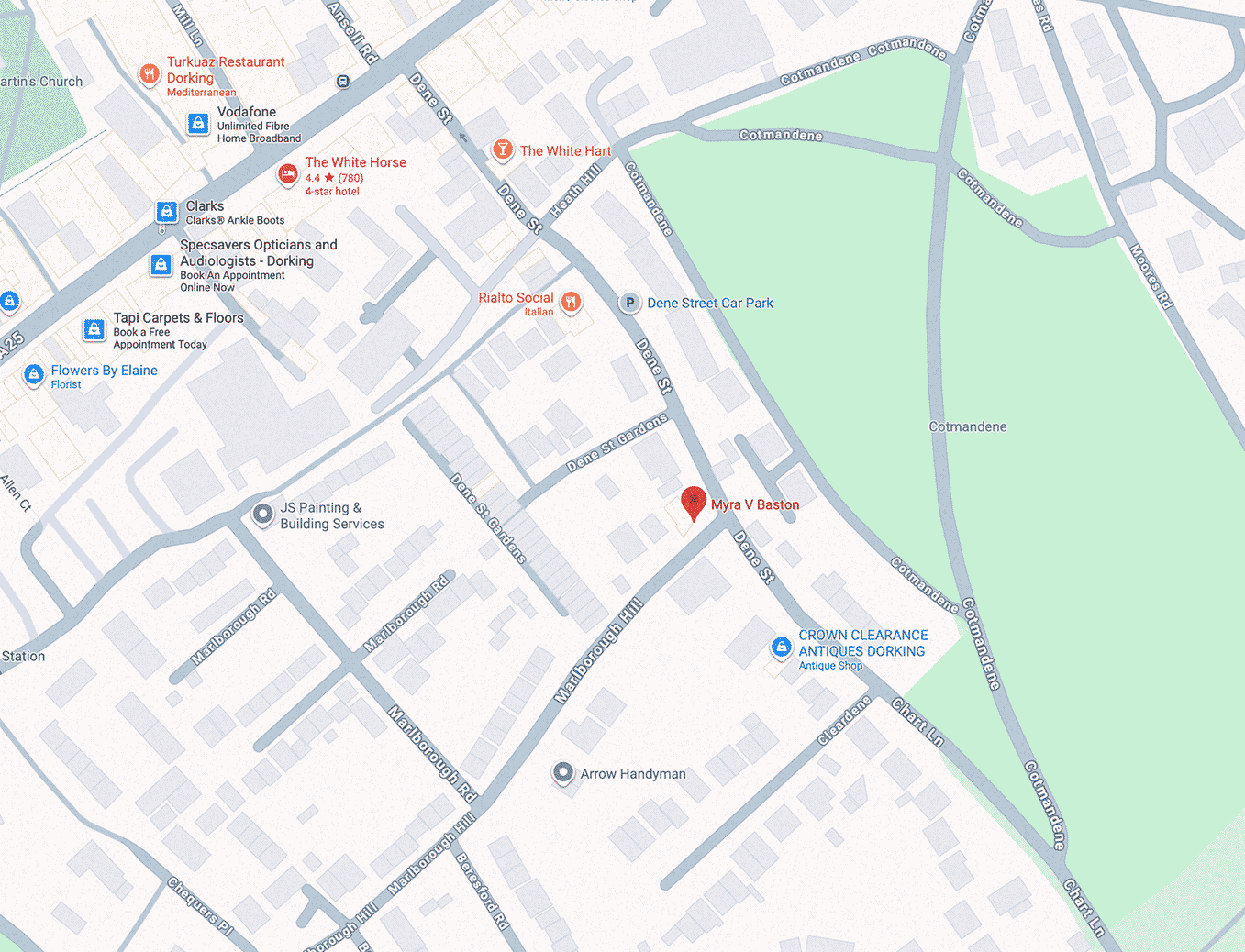 Map showing location of Myra's Physio practice in Dene Street, Dorking